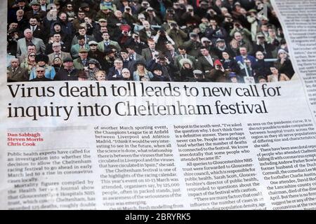 Le journal titre dans le Guardian ' virus Death Toll mène à un nouvel appel à l'enquête sur le festival Cheltenham' 21 avril 2020 Londres Angleterre Royaume-Uni Banque D'Images