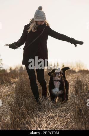Une femme marchant avec son chien de montagne bernois. Banque D'Images