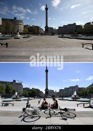 Photos composites de Trafalgar Square, Londres, le 13/04/20 (haut), et aujourd'hui 22/05/20 (bas), après l'introduction de mesures pour sortir le pays de l'isolement. Banque D'Images