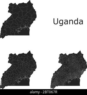 Cartes vectorielles de l'Ouganda avec régions administratives, municipalités, départements, frontières Illustration de Vecteur