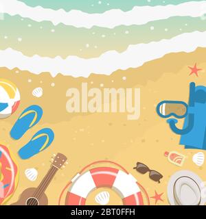 Bannière de sable et d'eau de mer de la vue de dessus avec des éléments de vacances d'été comme masque de plongée, tongs, ukulele, anneau en caoutchouc, lunettes de soleil, ballon de plage, s Illustration de Vecteur