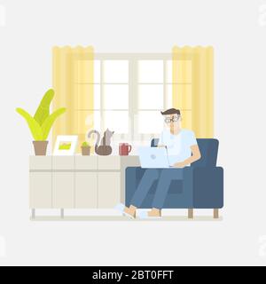 Jeune homme en vêtements décontractés travaillant à la maison avec ordinateur portable sur un fauteuil dans un salon intérieur avec fenêtre, rideau, armoire, image fram Illustration de Vecteur