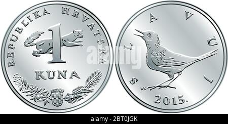 Croate 1 kuna coin, Nightingale au dos, martre, blason, titre de l'État et indication de la valeur sur l'envers, pièce officielle en Croatie Illustration de Vecteur