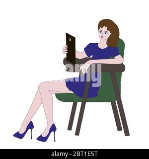 Une jeune femme lit les nouvelles sur une tablette tout en étant assise dans un fauteuil. Illustration de Vecteur