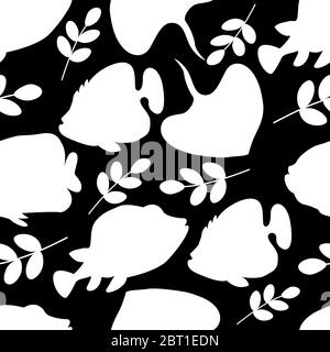 Motif sans couture poissons et feuilles blancs sur fond noir. Pour la conception de papier d'emballage, couvertures, impressions sur textiles, oreillers Illustration de Vecteur