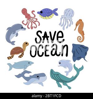 Ensemble d'animaux de mer avec les mots - Save Ocean, sur un fond blanc dans les graphiques vectoriels, style de dessin animé. Pour la conception de cartes postales, zoologiques Illustration de Vecteur