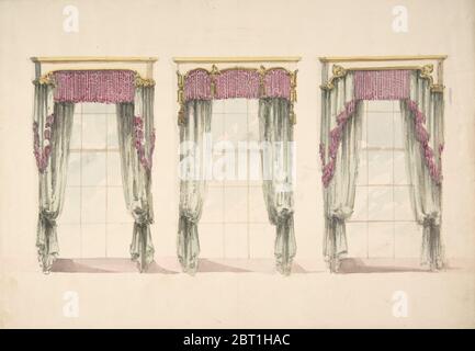 Design pour rideaux gris avec franges roses, et fronces blanc et or, env. 1820. Banque D'Images
