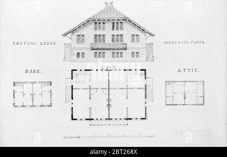 Switz[erland] Cottage (élévation et trois plans), et Factory Lodge (élévation et trois plans) pour Montgomery place, Annandale-on-Hudson, New York, 1866-67. Banque D'Images