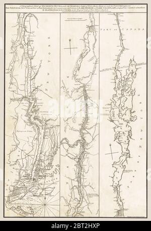 'Une carte topographique de la rivière Hudsons...' La carte affiche les repères importants. Il s'agit d'une reproduction de carte historique magnifiquement détaillée, publiée par le célèbre cartographe William Faden, a été créée vers 1777 mais la date est discutable.cette carte a trois sections sur une feuille. Banque D'Images