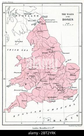 Les guerres des Roses: Une carte de la Grande-Bretagne pendant les guerres des Roses. Les guerres des Roses étaient une série de guerres civiles anglaises pour le contrôle du trône d'Angleterre qui se sont affrontées entre les partisans de deux branches de cadets rivales de la Maison de Plantagenet et de la Maison de Lancaster entre 1455 et 1487. Banque D'Images