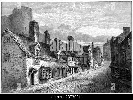 Porte du château (portes du château), Shrewsbury, Angleterre, c1900. Shrewsbury Castle est un château en grès rouge situé à Shrewsbury, dans le Shropshire, en Angleterre. Il se trouve sur une colline au col du méandre de la rivière Severn. Un château a été commandé sur le site par William I (c1028-1087) c1067 et a été considérablement étendu sous Roger de Montgomery (d1094) c1070 comme base d'opérations au pays de Galles. Banque D'Images