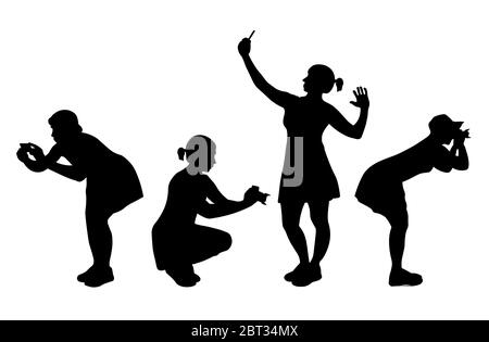 Silhouette vectorielle de la photographe féminine qui fait une photo pendant les vacances dans une position différente. Illustration de Vecteur
