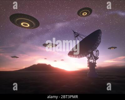 Invasion extraterrestre, illustration. Essaim d'objets volants non identifiés (OVNIS) sur une parabole satellite. Banque D'Images