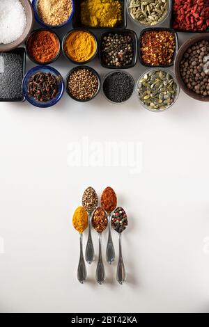 Cinq petites cuillères argentées avec curry, Chilli rouge sec, Paprika, mélange de poivrons et de coriandre en face de différentes formes de bols avec les mêmes épices Banque D'Images