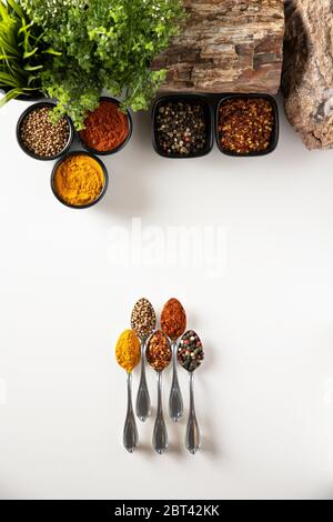 Cinq petites cuillères argentées avec curry, Chilli rouge sec, Paprika, mélange de poivrons et de coriandre en face de bols pleins d'épices Banque D'Images