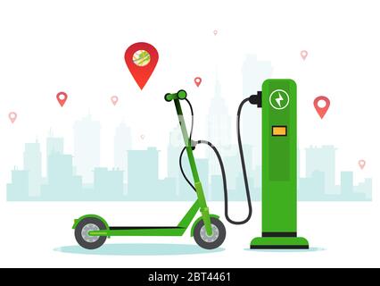 Vecteur d'un scooter électrique à une station de charge Illustration de Vecteur