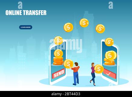Vecteur d'un homme transférant de l'argent en ligne à une femme via l'application de téléphone mobile Illustration de Vecteur