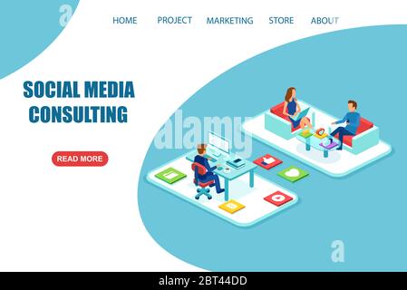 Concept de conseil et de marketing sur les médias sociaux. Vecteur de consultants aidant un client à promouvoir un produit ou un service sur le réseau social Illustration de Vecteur