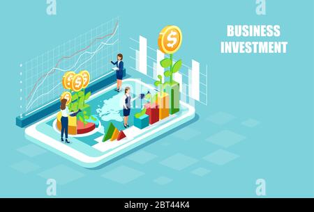 Vecteur de femmes d'affaires travaillant ensemble et de la croissance d'une entreprise prospère dans le monde entier en ligne, en sparoutage des usines sur une tablette numérique. Illustration de Vecteur