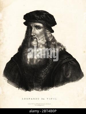 Léonard de Vinci, artiste de la Renaissance italienne, 1452-1519. Lithographie D'après un dessin de HVH - des portraits des plus célèbres peintres de toutes les écoles, Ackermann, Londres, 1827. Banque D'Images