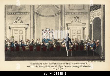 Un banquet théâtral à la Freemasons Tavern, Great Queen Street, Londres, à l'époque Regency. Dîner au restaurant Theatrical Fund au Freemasons Tavern. Proteus s'adressant au Président royal concernant l'état de prospérité des fonds. Gravure en couleur gravée par Theodore Lane de Pierce Egans la vie d'un acteur, Pickering et Chatto, Londres, 1892. Banque D'Images