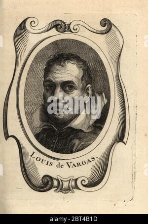 Portrait de Luis de Vargas, peintre espagnol de la fin de la Renaissance 1502-1568. Louis de Vargas. Gravure sur plaque de copperplate d'Antoine-Joseph Dezallier dArgenvilles Abrege de la vie des plus fameux peintres, vie des artistes les plus célèbres, de Bure Laine, Paris, 1762. Banque D'Images