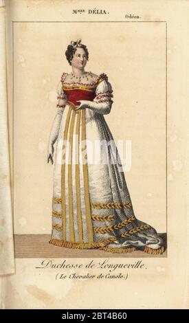 La chanteuse d'opéra française Mlle. Delia comme Duchesse de Longueville dans le Chevalier de Canole à l'Odéon. Coloriée à la gravure sur cuivre de Charles Malo's Almanach des spectacles par K. Y. Z, Chez Louis Janet, Paris, 1820. Banque D'Images