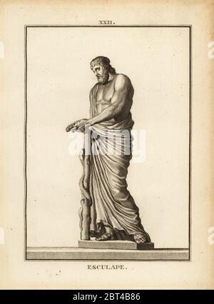 Asclépios, dieu grec de la médecine avec serpent-liées au personnel. La gravure sur cuivre par David Francois-Anne de musée de Florence, ou Collection des pierres Gravees, statues, médailles, Chez F.A. David, Paris, 1787. David (1741-1824) a appelé et gravé les illustrations sur la base de statues romaines, médailles et pierres gravées dans la collection du musée de Florence et le cabinet de curiosités du Grand-duc de Toscane. Banque D'Images