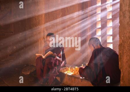 Moines novices assis dans un temple de lecture, Bagan, Mandalay, Myanmar Banque D'Images