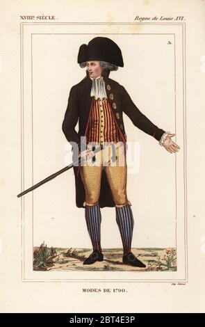 La mode masculine française de 1790. Lithographie coloriée de : Le Bibliophile Jacob aka Paul Lacroix Costumes historiques de la France (Costumes historiques de la France), Administration de librairie, Paris, 1852. Banque D'Images