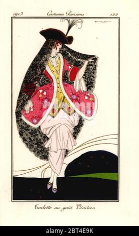 Femme à la mode au goût vénitien. Toilette au goutte Venitien. Pochoeur de couleur main (pochoir) gravé après une illustration d'Umberto Brunelleschi de Tommaso Antonginis Journal des Dames et des modes, aux bureaux du Journal des Dames, Paris, 1913. Banque D'Images