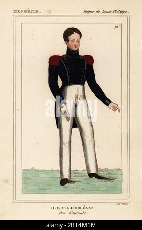 Henry d'Orléans, duc d'Aumale, Henri-Eugene-Philippe-Louis d'Orléans, duc d'Aumale 1822-1897. Dans l'uniforme scolaire du collège de Henri IV Lithographie de couleur main du Bibliophile Jacob aka les costumes de Paul Lacroix historiques de la France (costumes historiques de France), Administration de Librairie, Paris, 1852. Banque D'Images