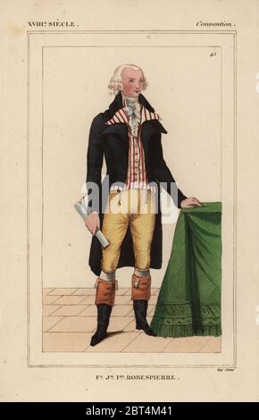 Maximilien François Marie Isidore de Robespierre, homme politique de la Révolution française 1758-1794. Lithographie coloriée de : Le Bibliophile Jacob aka Paul Lacroix Costumes historiques de la France (Costumes historiques de la France), Administration de librairie, Paris, 1852. Banque D'Images