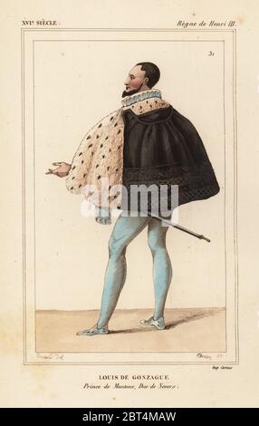 Saint Aloysius de Gonzaga, Louis de Gonzague, Prince de Mantoue, Duc de Nevers, règne du roi Henri III de France. Il porte le costume de l'ordre chevaleresque de l'Esprit Saint chevaliers du Saint-Esprit fondée par Henry III. Illustration par Dunand, lithographie de Breton après un portrait de Roger de Gaignieres' images portfolio IX 50 de : Le Bibliophile Jacob aka Paul Lacroix Costumes historiques de la France (Costumes historiques de la France), Administration de librairie, Paris, 1852. Banque D'Images