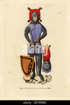 Effigie d'Ulrich Landschaden, Heidelberg, 1369. Chevalier en costume de chaymail avec côte-hardie ou juon serré, bascinet nasal mobile, manchettes, armure de genou et chaîne thoracique. Avec épée, bouclier décoré de harpe, grand gouvernail avec écusson. De l'Evangelische Kirche, Neckarsteinach, Hesse, Allemagne. Gravure en coperplate de Thomas Anthony Day et J.H. Les illustrations de Dines de Costume médiéval en Angleterre, recueillies à partir de manuscrits du British Museum, Bibliothèque nationale de Paris, Bosworth, Londres, 1853. Banque D'Images