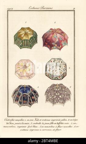 Nouveaux modèles de parasol et de parasol pour 1912. Nouveau Ombrelles. Pochoeur (pochoir) de couleur main tiré de Tommaso Antonginis Journal des Dames et des modes, aux bureaux du Journal des Dames, Paris, 1912. Banque D'Images