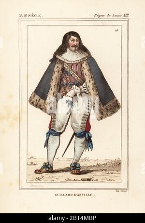 Guillerard d'Anville, gendarme de la reine à l'épouse du roi Louis XIII, auteur de la Chastete 1624. Lithographie de couleur main après un portrait gravé de la Bibliophile Jacob alias les costumes de Paul Lacroix Histoire de la France (costumes historiques de France), Administration de Librairie, Paris, 1852. Banque D'Images