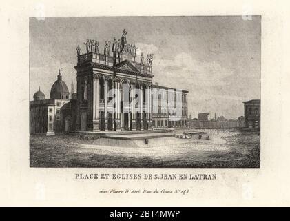 Vue sur la place et Archbasilica Papale de Saint Jean de Latran, la basilique de Latran, à Rome. La gravure sur cuivre de Pietro Datri's Nouvelle Collection des principales vues de Rome Ancienne et Moderne avec les ruines de la guerre, Rome, 1849. Banque D'Images