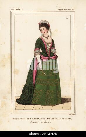 Marie Anne de Bourbon, Mademoiselle de Blois, princesse de Conti 1666-1739. Lithographie de couleur main après un portrait dans le portfolio de la galerie de Roger de Gainières X 63 du Bibliophile Jacob aka costumes de Paul Lacroix historiques de la France, Administration de Librairie, Paris, 1852. Banque D'Images