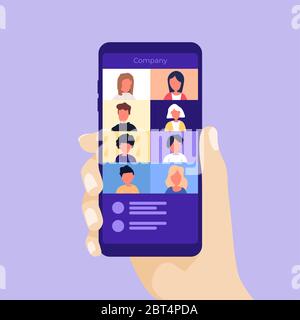 Rencontrer une entreprise par vidéoconférence sur un téléphone portable. Illustration de Vecteur