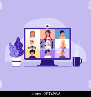 Les collègues parlent les uns aux autres sur l'écran de l'ordinateur. Conférence téléphonique, travail à domicile. Illustration de Vecteur