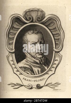 Portrait de Frans Floris, peintre flamand, dessinateur, imprimeur et dessinateur de tapisserie, 1517-1570. Franc-Floris. Gravure de la plaque de copperplate par M. Aubert après un portrait de Hieronymus Wierix d'Antoine-Joseph Dezallier dArgenvilles Abrege de la vie des plus fameux peintres, vie des artistes les plus célèbres, de Bure Laine, Paris, 1762. Banque D'Images