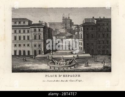 Vue sur la Piazza di Spagna, Fontana della Barcaccia, Fontaine de la voile et de la Trinité-des-Monts Scalinata di Spagna, Rome, 1849. La gravure sur cuivre de Pietro Datri's Nouvelle Collection des principales vues de Rome Ancienne et Moderne avec les ruines de la guerre, Rome, 1849. Banque D'Images