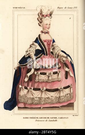 La princesse Marie Thérèse de Savoy-Carignan 1749-1792. Marie Thérèse, Louise de Savoie, Carignan, princesse de Lamballe. Lithographie coloriée de : Le Bibliophile Jacob aka Paul Lacroix Costumes historiques de la France (Costumes historiques de la France), Administration de librairie, Paris, 1852. Banque D'Images