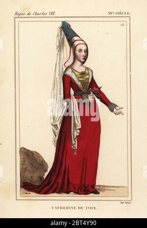 Catherine de Foix, Reine de Navarre, 1468-1517. Lithographie coloriée après un vitrail dans la chapelle du château de Plessis-Boure dans Roger de Gaignieres' VII 67 portefeuille de : Le Bibliophile Jacob aka Paul Lacroix Costumes historiques de la France (Costumes historiques de la France), Administration de librairie, Paris, 1852. Banque D'Images