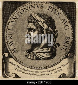 Empereur romain Caracalla ou Antoninus, 188-217. Marcus Aurelius Severus Antoninus Augustus. Gravure sur plaque de coperplate d'Abraham Bogaerts de Roomsche monarchie, la monarchie romaine, François Salma, Utrecht, 1697. Banque D'Images