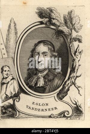 Portrait d'Eglon van der Neer, peintre néerlandais de scènes et portraits historiques, mort en 1703. Eglon Vanderneer. Gravure de la plaque de copperplate par M. Aubert d'Antoine-Joseph Dezallier dArgenvilles Abrege de la vie des plus fameux peintres, vie des artistes les plus célèbres, de Bure Laine, Paris, 1762. Banque D'Images