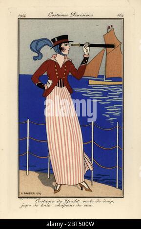 Femme en yacht tenue avec veste de laine, jupe de toile et chapeau de cuir, tenant un télescope. Costume de yacht: veste de drap, jupe de toile, chapeau de cul. Pochoeur de couleur main (pochoir) gravé après une illustration de George Barbier de Tommaso Antonginis Journal des Dames et des modes, aux bureaux du Journal des Dames, Paris, 1914. Banque D'Images