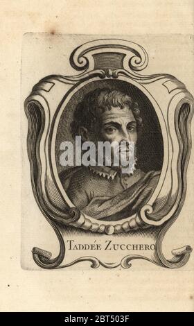 Portrait de Taddeo Zuccari, peintre italien, école de mannerisme romain 1529-1566. Taddee Zuchero. Gravure sur plaque de copperplate d'Antoine-Joseph Dezallier dArgenvilles Abrege de la vie des plus fameux peintres, vie des artistes les plus célèbres, de Bure Laine, Paris, 1762. Banque D'Images