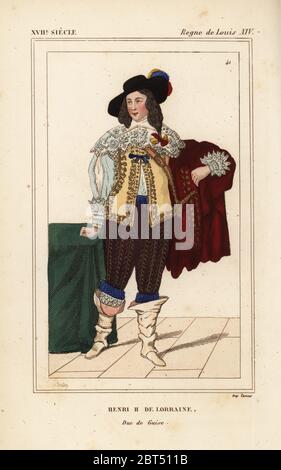 Henri II de Lorraine, 5e duc de guise (1614-1664), deuxième fils de Charles, duc de guise et Henriette Catherine de Joyeuse. Lithographie de couleur main après un portrait d'Antony Van Dyck dans le portfolio de la galerie Roger de Gaières X 60 du Bibliophile Jacob aka costumes de Paul Lacroix histoires de la France (costumes historiques de France), Administration de Librairie, Paris, 1852. Banque D'Images